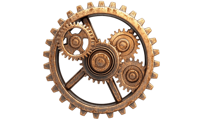 Skupina štirih medsebojno povezanih medeninastih zobnikov znotraj velikega krožnega zobnika, na prozornem ozadju.